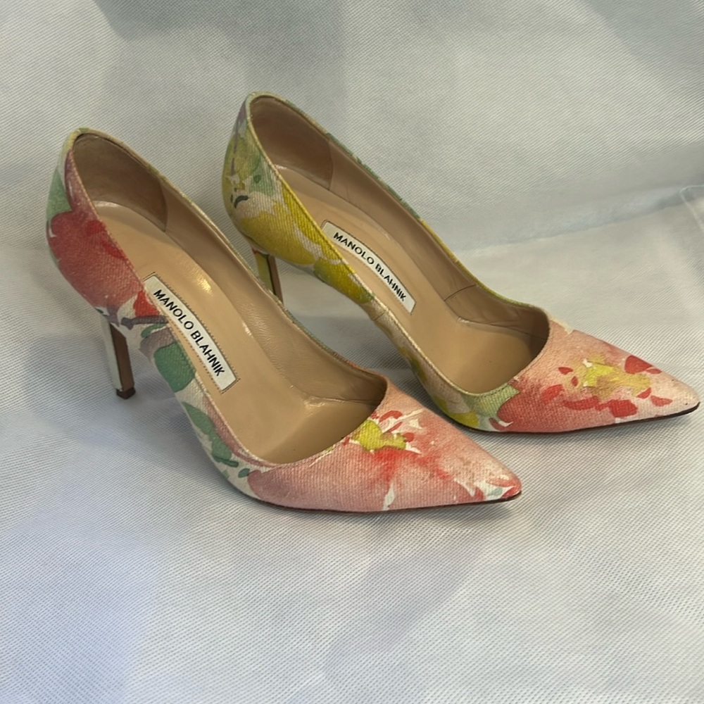 Manila Blahnik canvas floral heels, 4 inch